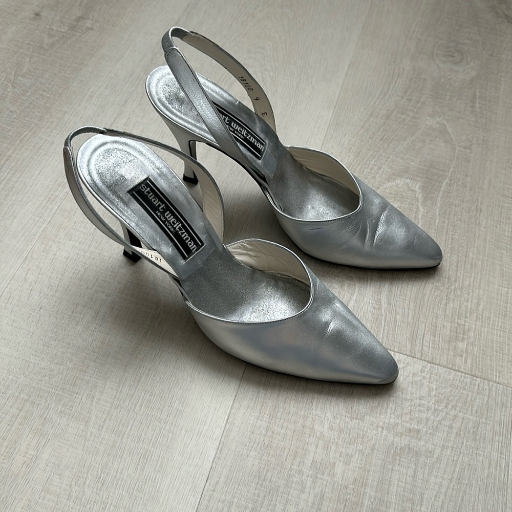 Stuart Weitzman Metallic Silver Slingback Pointed-Toe Heels